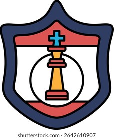 A shield with a chess piece on it. The shield is blue and red