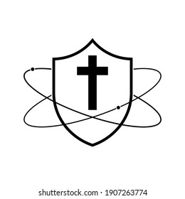 Shield with christian cross icon. Linear shield icon. Vector illustration. Religion protection symbol on white background