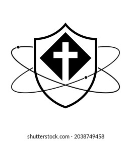 Shield with christian cross icon. Linear shield icon. Christian church logo design. Vector illustration. Religion protection symbol on white background.