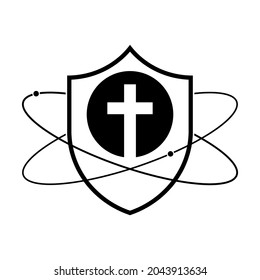 Schild mit dem christlichen Kreuzsymbol. Lineares Schild Symbol. Logo-Design der christlichen Kirche. Vektorgrafik. Religionsschutzsymbol auf weißem Hintergrund.