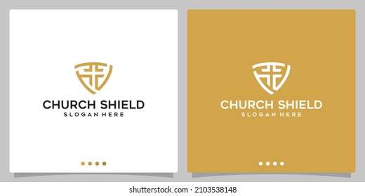 Shield and church line style logo vector design. Premium vector	