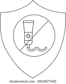 Shield with circle bisected by line tube with sun icon has trailing string