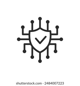 Shield with circuits, linear style icon. cybersecurity or data protection. Editable stroke width.