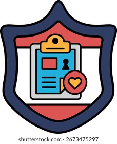 Um escudo com uma área de transferência nele. A área de transferência tem um coração nela. O escudo é preto e branco
