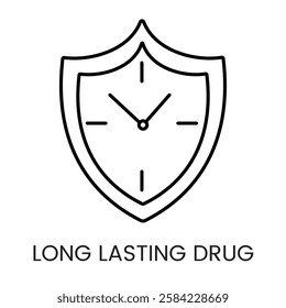 A shield with clock hands icon in vector, representing durable drug protection over time, with an editable stroke.