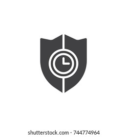 Shield with clock icon vector, filled flat sign, solid pictogram isolated on white. On time Guarantee Symbol, logo illustration