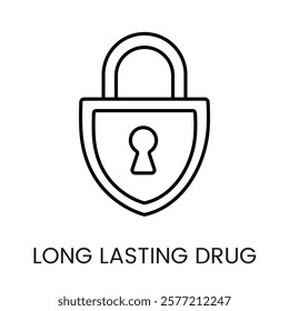 A shield and clock icon in vector, representing long-lasting drug protection, with an editable stroke.