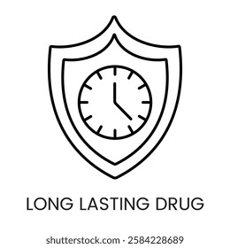 A shield with a clock inside, symbolizing protected and long lasting drug efficacy, in vector style, with an editable stroke.