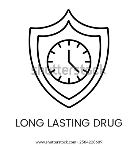 A shield with a clock inside, symbolizing protected and long lasting drug efficacy, in vector style, with an editable stroke.