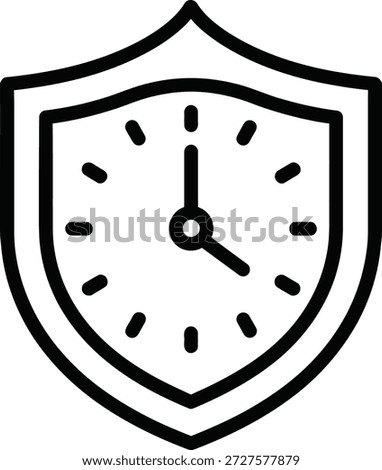 Shield clock outline icon symbolizing secure time, protection, safety, and vigilance. Vector illustration.