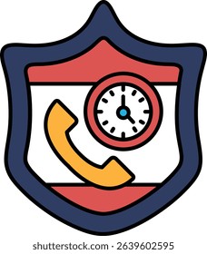 A shield with a clock and a phone on it. The shield is blue and red