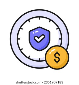 Escudo con reloj, tiempo de protección, diseño de icono del período de garantía, vector premium