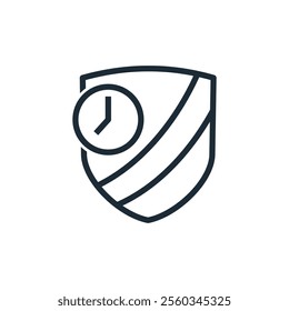  Shield with clock. Protection and time.Temporary protection. Vector linear icon isolated on white background.