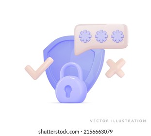 Shield, closed padlock, 2fa two steps authentication password, otp code. 3d secure icon. Concept safety access, security guarantee, protect, safe. Realistic vector illustration