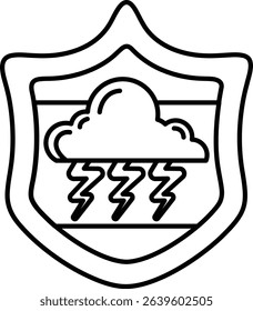 A shield with a cloud and lightning bolts on it. The shield is black and white. The shield is meant to protect something