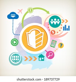 Shield and cloud on abstract colorful watercolor background with different icon and elements. Design for the print, advertising.
