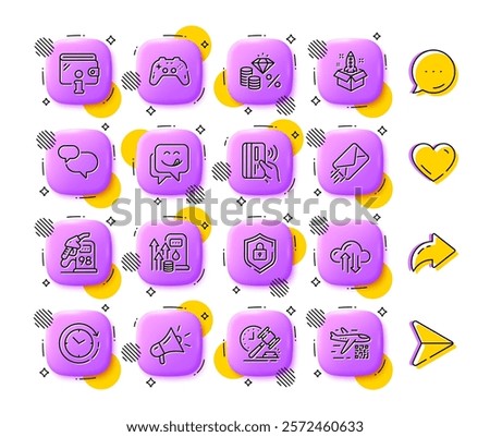 Shield, Cloud sync and Money tax line icons. App 3d buttons. Social media comment, share, like icons. Pack of Startup, Time change, Yummy smile icon. E-mail, Gamepad, Wallet pictogram. Vector