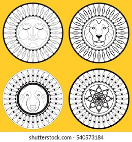 The shield and the coat of arms set. Sun, head of a lion, a wolf. Vector graphics