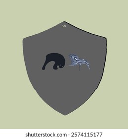 Shield with coat of arms. There are fantastic beasts on it. A powerful boar and a bear.