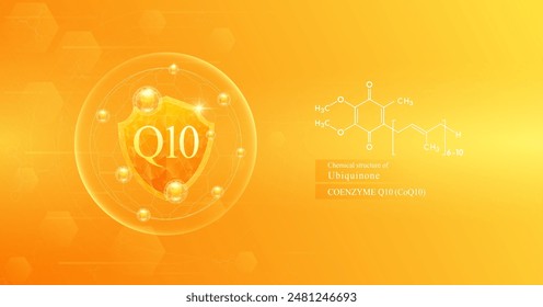 Shield coenzyme Q10 in dome with orange atom around and chemical structure of Ubiquinone. Protect and build immunity healthy. Medical scientific concepts. Banner vector illustration.