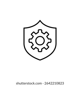 Shield and cogwheel. Security maintenance, privacy controls, it management, settings, protection. Pixel perfect, editable stroke vector icon