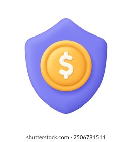 Escudo y moneda con signo de dólar. Seguridad y protección del dinero, pago seguro, seguro, concepto de negocios y finanzas. Icono de Vector 3D. Estilo minimalista de dibujos animados.