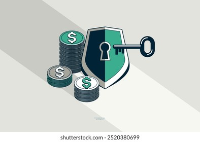 Shield with coins stack vector conceptual poster, financial safety concept, simple icon style illustration of a armor emblem with money, financial protection metaphor.