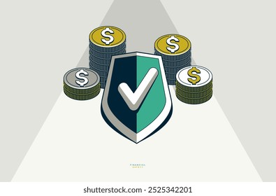 Shield with coins stack vector conceptual poster, financial safety concept, simple icon style illustration of a armor emblem with money, financial protection metaphor.