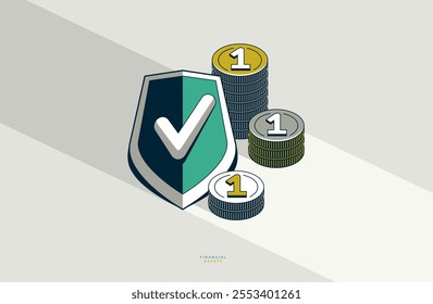 Shield with coins stack vector conceptual poster, financial safety concept, simple icon style illustration of a armor emblem with money, financial protection metaphor.