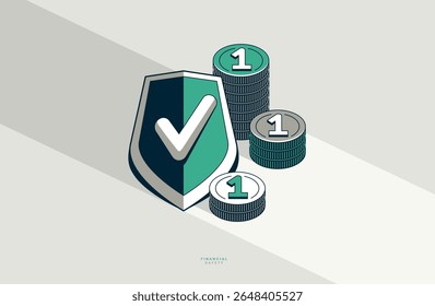 Escudo com moedas pilha vetor poster conceitual, conceito de segurança financeira, ilustração de estilo de ícone simples de um emblema de armadura com dinheiro, metáfora de proteção financeira.