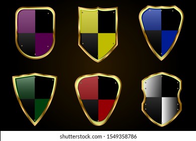 Shield collection in heraldic style. Medieval shields set vector illustration template for logo, label, insignia, tavern decoration, medieval environment or web page design element