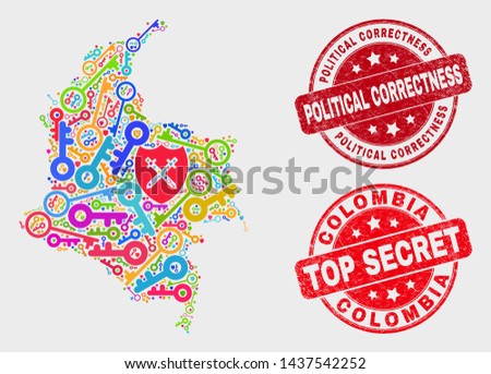 Shield Colombia map and seal stamps. Red round Top Secret and Political Correctness grunge stamps. Bright Colombia map mosaic of different administration symbols. Vector collage for keeping purposes.