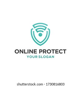 Shield combine with wireless or wifi icon logo design. Online protect logo. Online shield logo