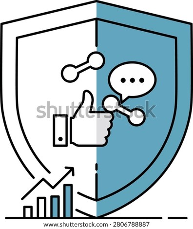Shield combining social media engagement, analytics, and growth metrics blue white thumbsup