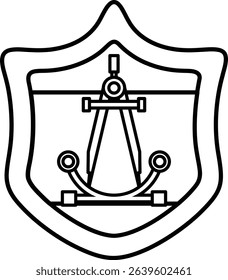 A shield with a compass and an anchor on it. The shield is black and white. The compass is pointing to the right