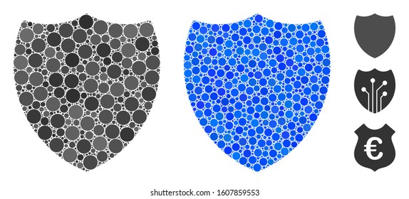 Shield composition of filled circles in various sizes and color tinges, based on shield icon. Vector filled circles are organized into blue composition. Dotted shield icon in usual and blue versions.