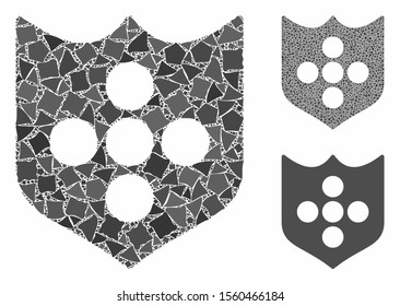 Shield composition of humpy pieces in different sizes and color tinges, based on shield icon. Vector trembly pieces are organized into mosaic. Shield icons collage with dotted pattern.