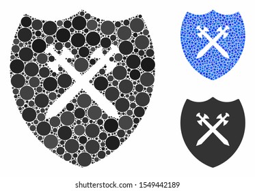 Shield composition of small circles in various sizes and color hues, based on shield icon. Vector random circles are organized into blue composition. Dotted shield icon in usual and blue versions.
