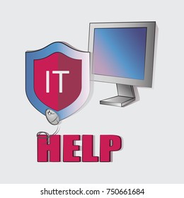 Shield. Computer security. Help. The concept of computer repair. Technical support. Protection and treatment.