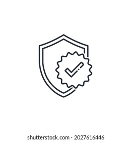 Shield with confirmation stamp. Approved protection. Vector linear icon isolated on white background.
