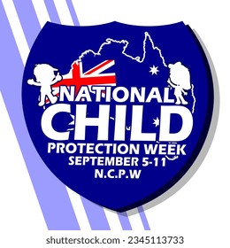 A shield containing bold text, map, Australian flag and child icon on white background to commemorate National Child Protection Week on September 5 - 11 in Australia