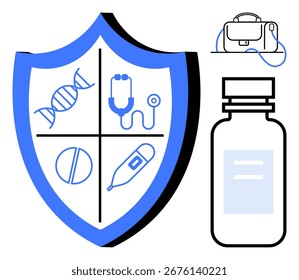 Schild mit DNA-Helix, Stethoskop, Pille und Thermometersymbolen. Erste-Hilfe-Kit und Impfstoffflasche in der Nähe. Ideal für Gesundheitswesen, medizinische Forschung, Immunisierung, Arzneimittel, Notfälle