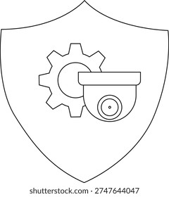 A shield containing a gear and a domeshaped security camera