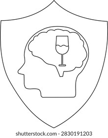 A shield containing a head profile with a brain, inside which is a wine glass, symbolizing the concept of protecting the mind from the effects of alcohol.
