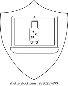 A shield containing a laptop displaying a suitcase, symbolizing secure online travel arrangements and data protection for travel planning.
