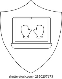 A shield containing a laptop displaying two mittens, representing protection and winter technology, suitable for seasonal tech support or winter-themed computer services.