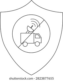 A shield contains a circle bisected by a line encapsulating a truck equipped with a satellite dish