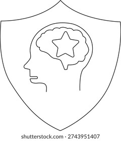A shield contains a profile of a head with a brain outline inside A star shape is in the center of the brain