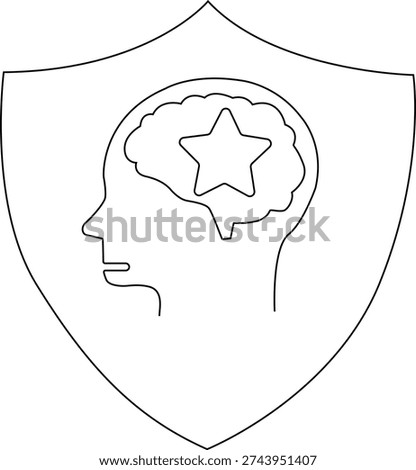 A shield contains a profile of a head with a brain outline inside A star shape is in the center of the brain