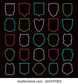 Shield contour icons set. Different color contour shield shapes on black background